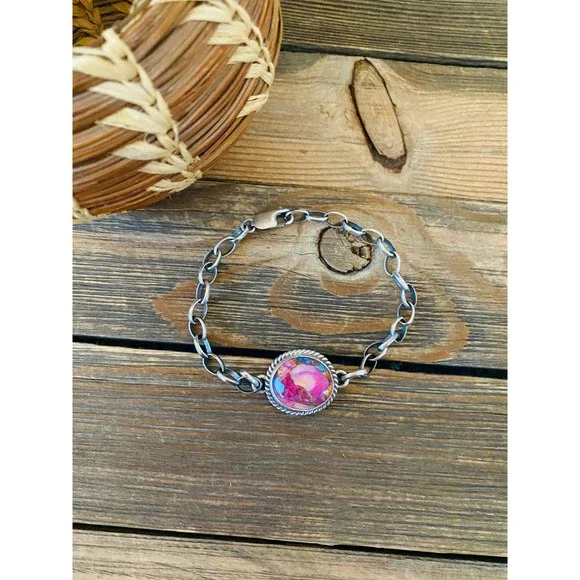 Navajo Pink Dream Mohave & Sterling Silver Link Bracelet - Picture 4 of 7